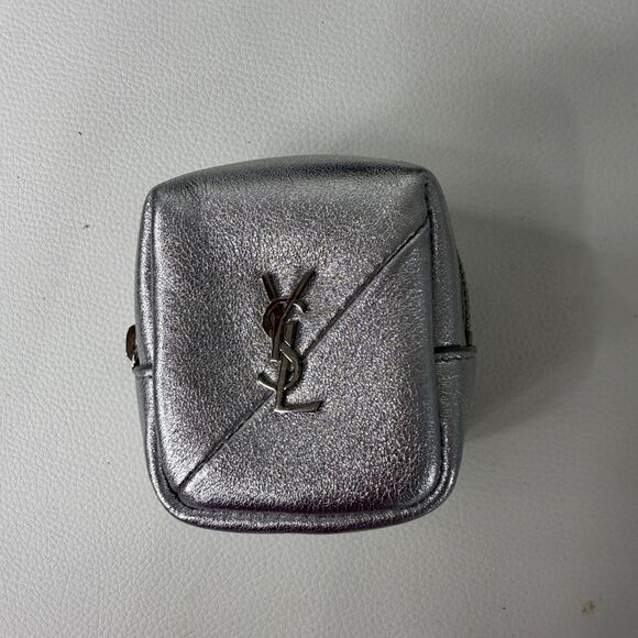 YSL Saint Laurent Jamie Cube Charm Leather Zip Pouch Silver NWT - Picture 2 of 7